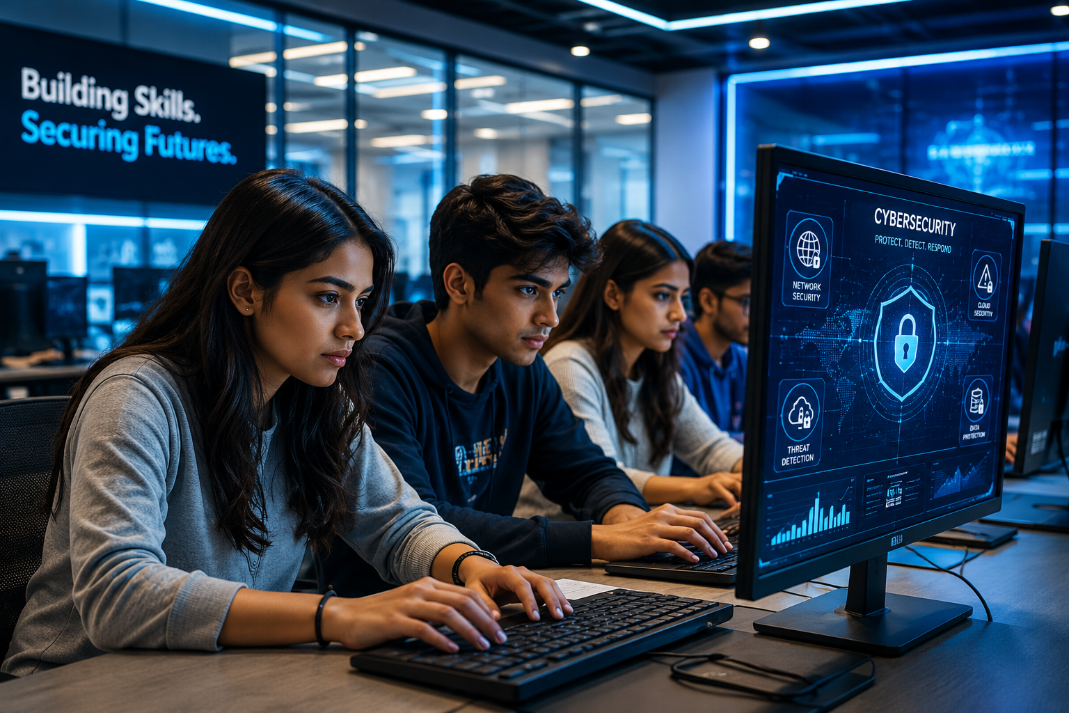 Cybersecurity learners training in a modern security lab