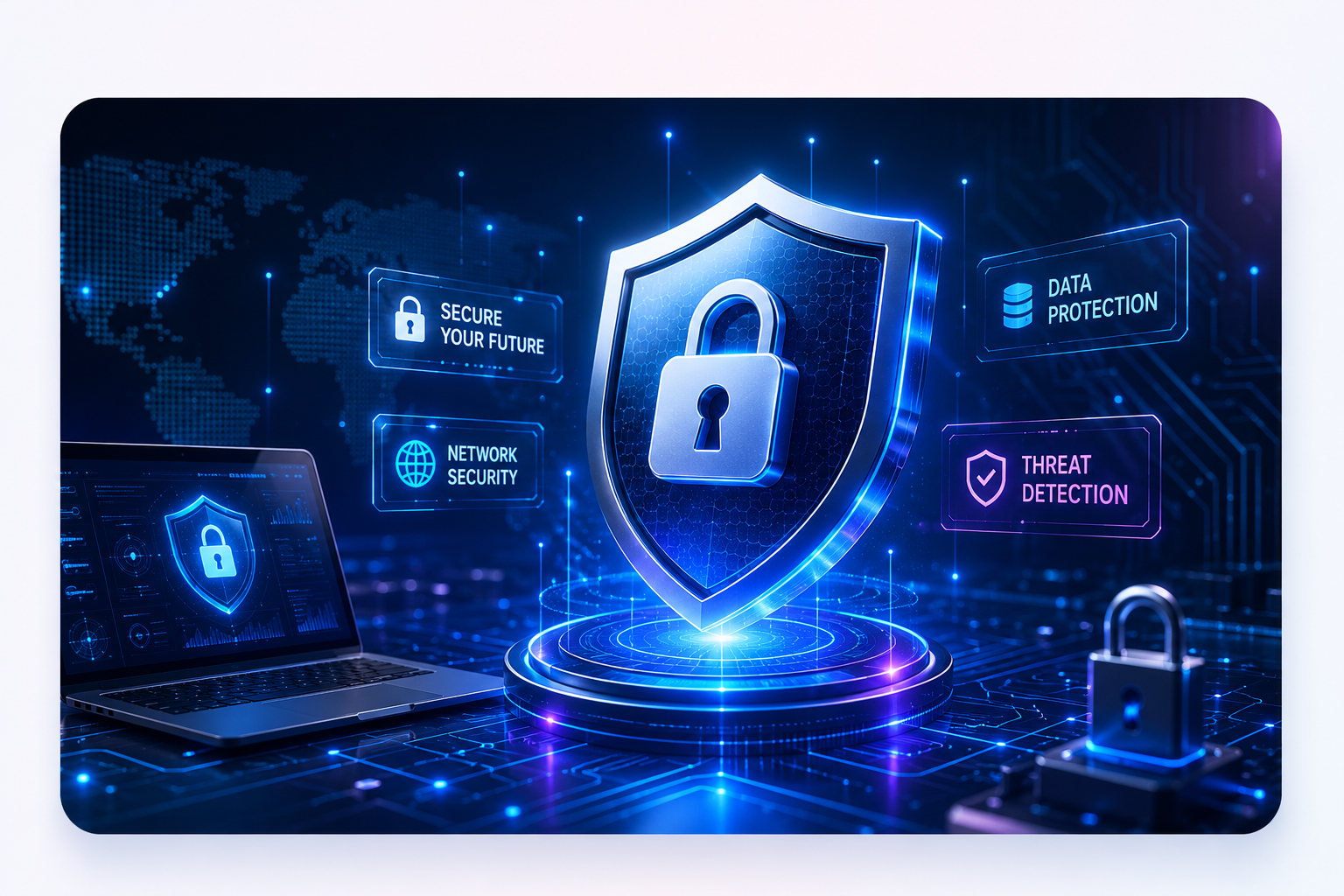 Cybersecurity shield showing data protection, network security and threat detection