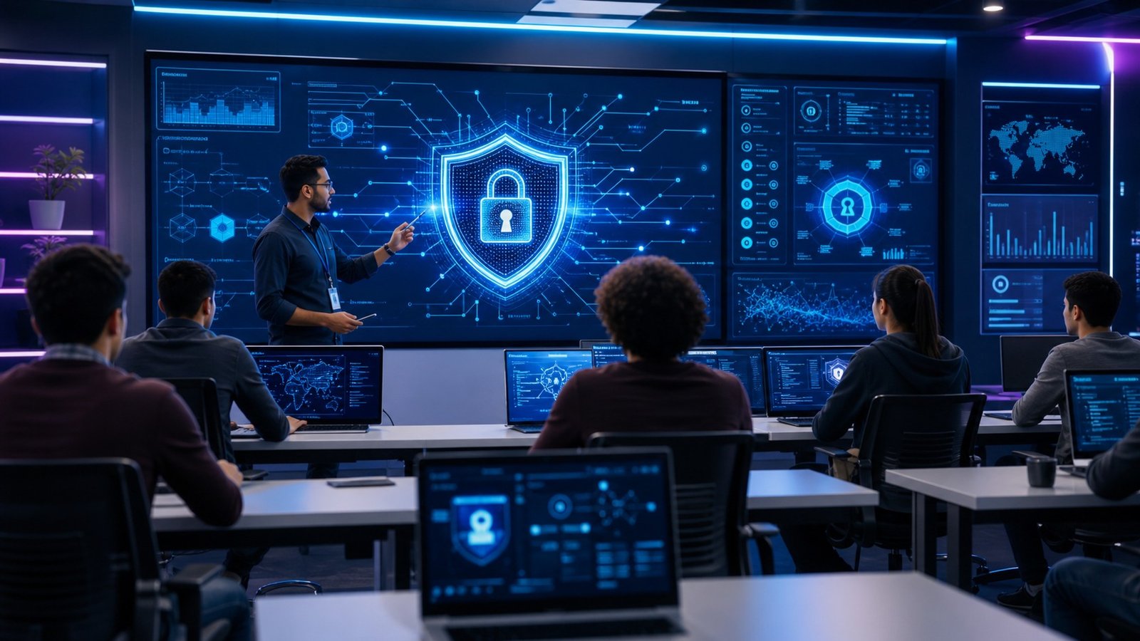 Cybersecurity foundation training lab with digital shield dashboard