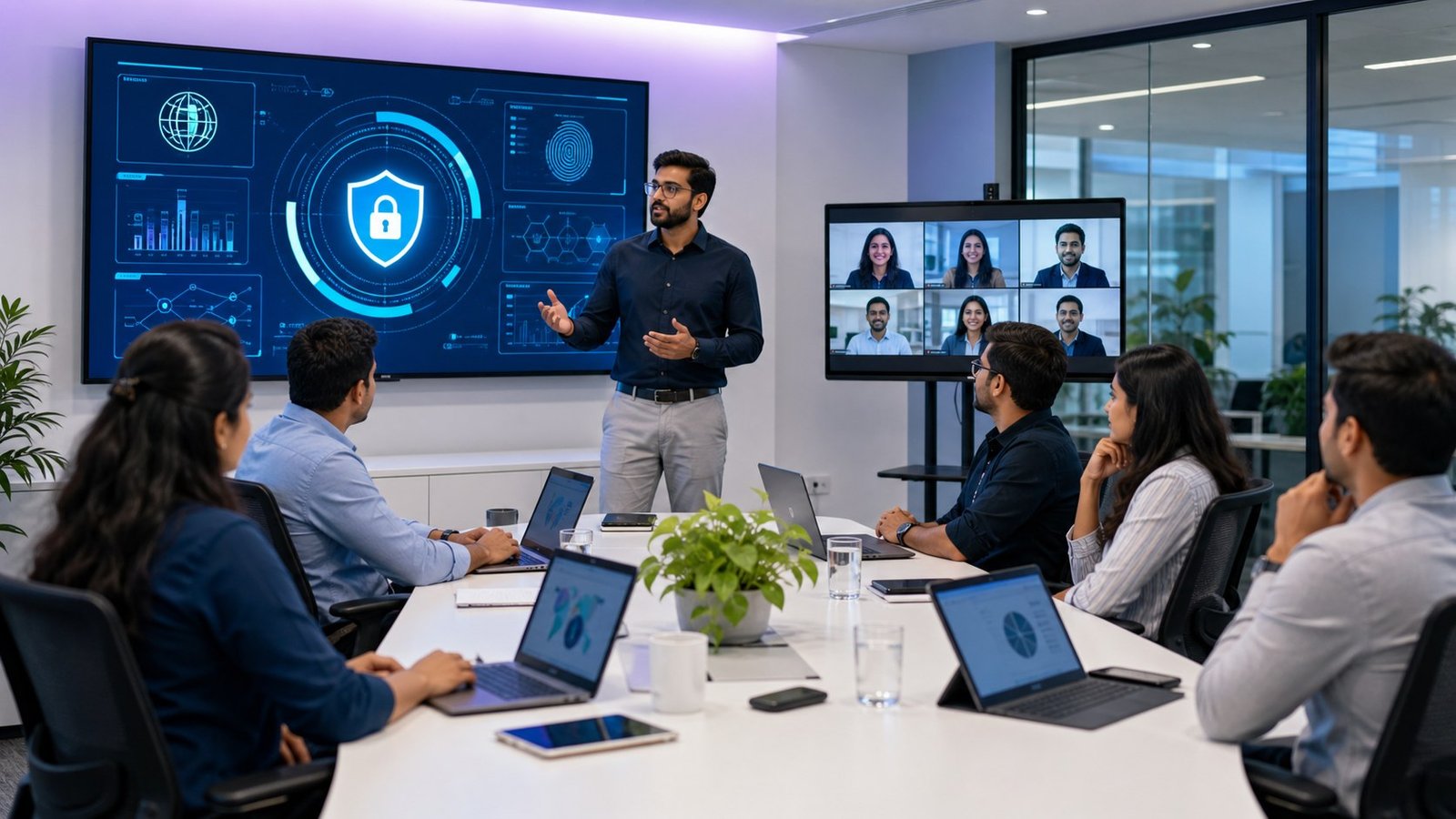 Corporate cybersecurity webinar training with live and remote participants